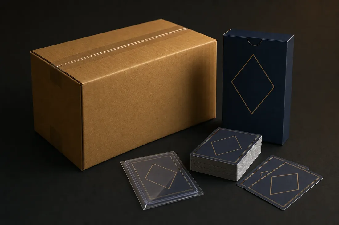 Zugeklebter Versandkarton, daneben eine Kartenbox, ein Kartenstapel und eine Karte in einer Bewertungshülle.